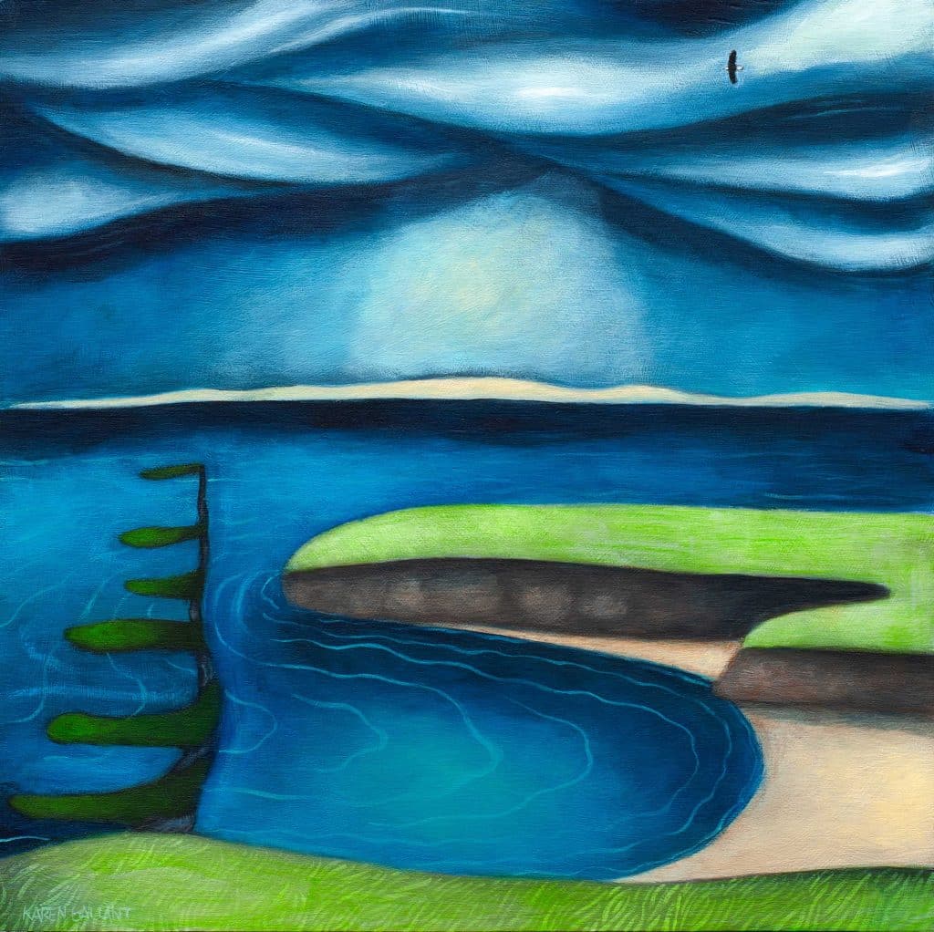 PEI landscape. Bay with capes and dunes. Spruce tree. Eagle flying above