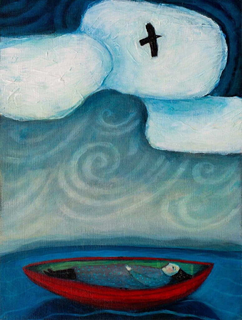 Women lying on her back in a red dory drifting under clouds and swirling sky. Floating like the bird in the sky.