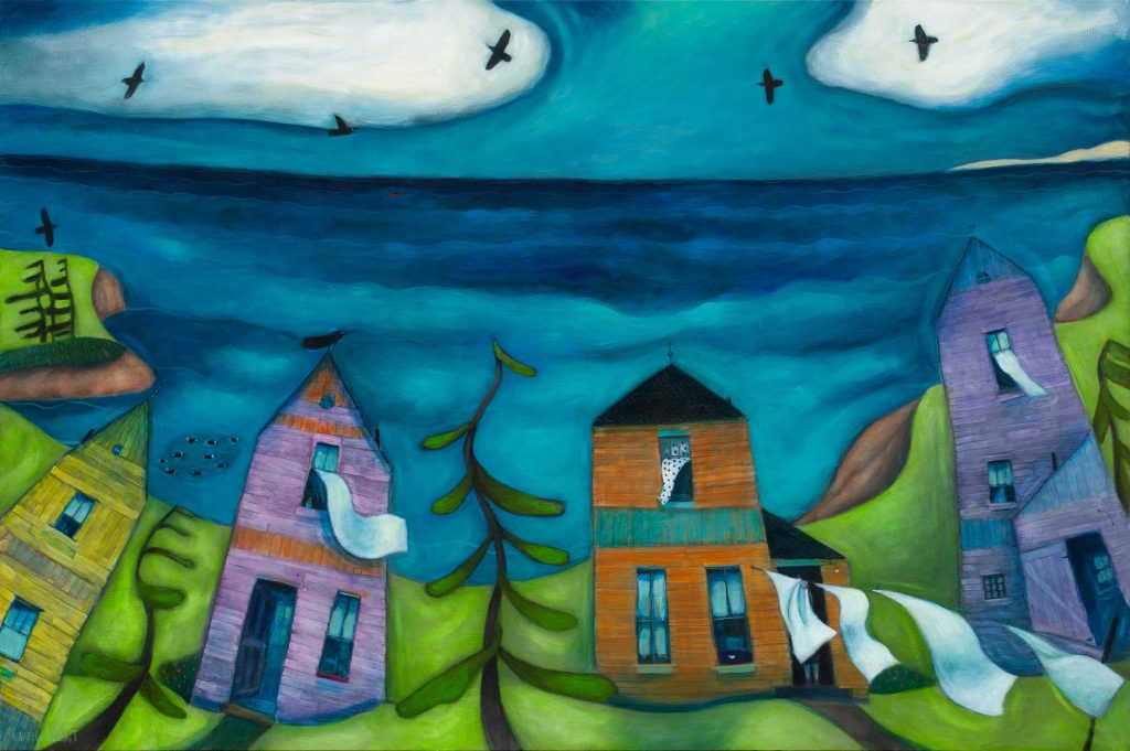 teetering colourful houses on Island scape. Billowing wind. Hanging laundry out to dry