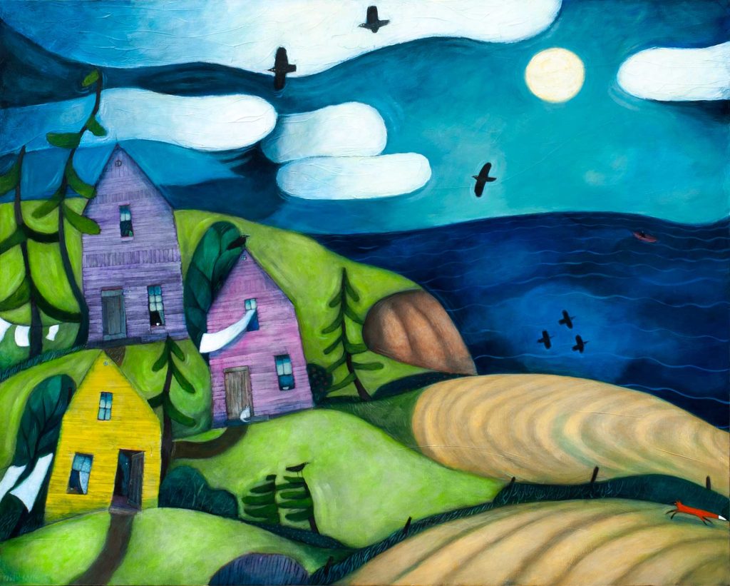 Island Houses on the capes. Deep blue ocean. Fox running in a golden field.