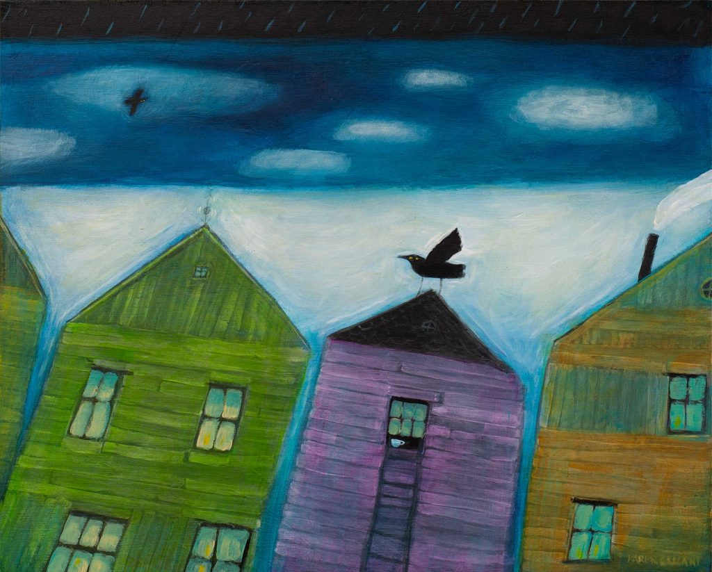 Winter coming to an end. Ice floe. Row of leaning houses with a Raven on a roof top.