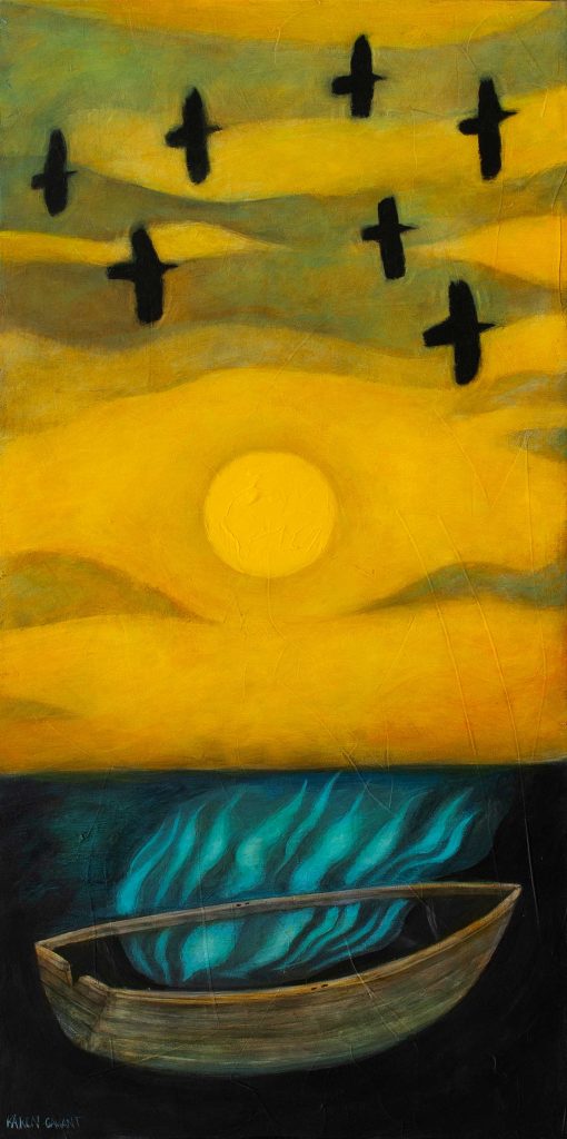 At Peace 10×20 Blue Flames in a Boat Orange Sky Birds