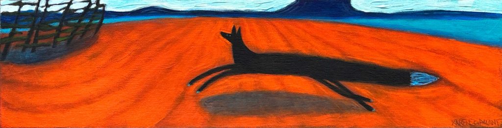 Black fox running in a red field.