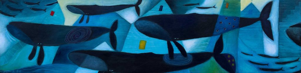 Whales and fish swimming amongst houses.