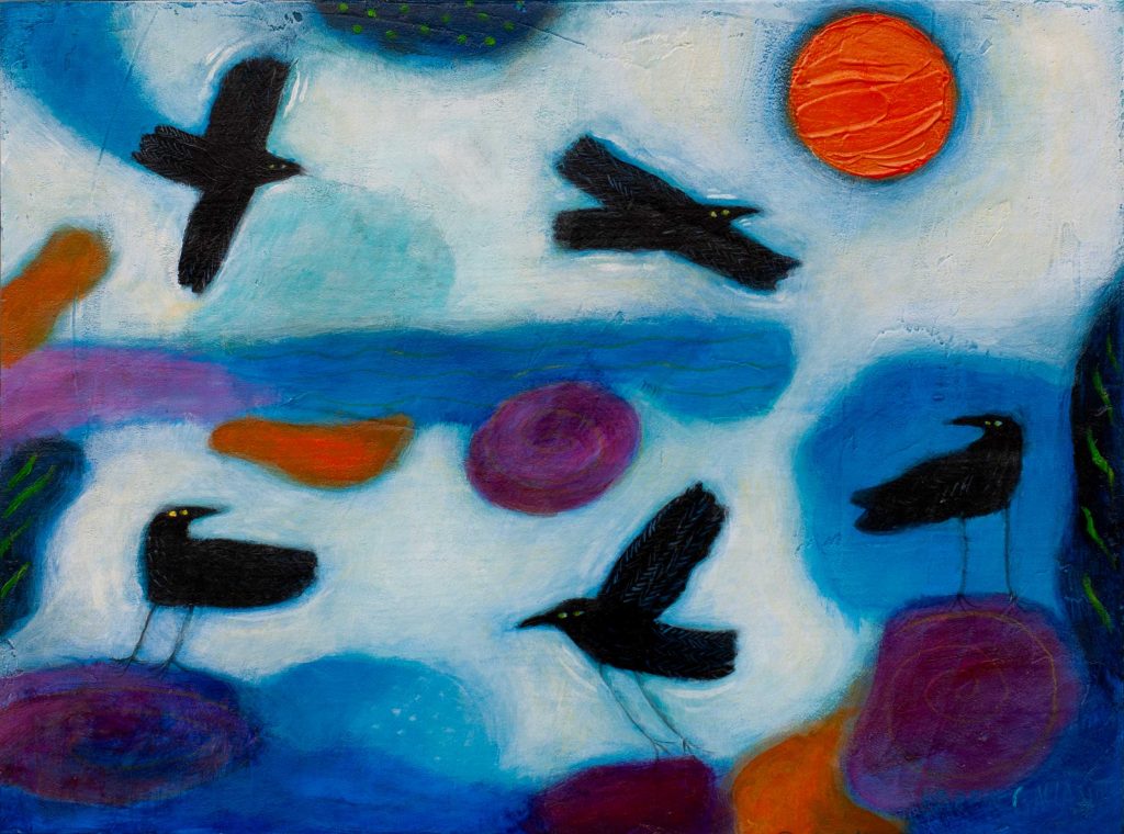 Five Crows playing at sunset against the abstract background. The Sun is big and very orange.