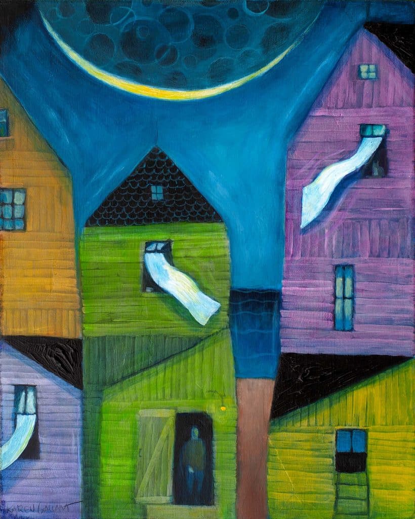 Colourful Harbour houses. Evening time and a big sliver of moon showin craters in its shadow. A person is standing in the doorway gazing at the night.