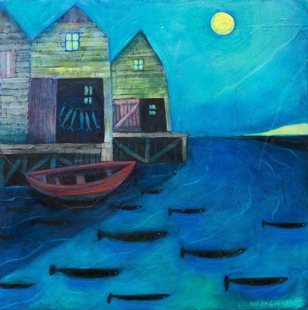 Little harbour with a single red dory. Mackerel swimming to the full moon. Blues and shadows. Fish drying in the shanty.