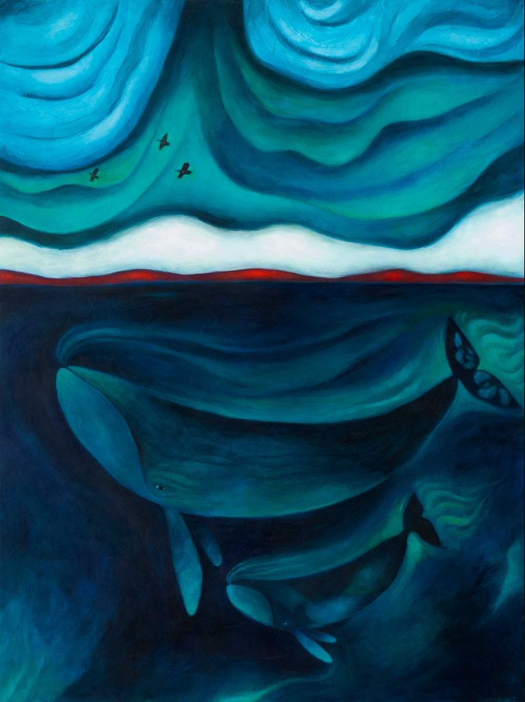 Momma whale and her calf. Lots of blues and intense sky.