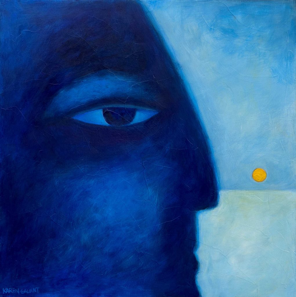 Close up blue face staring at the moon.
