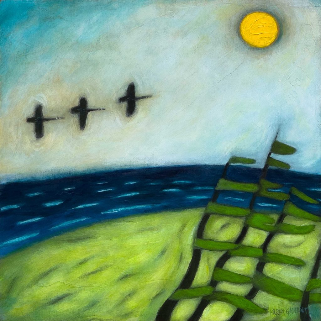 Birds flying over the coast, old spruce and a sun or moon.