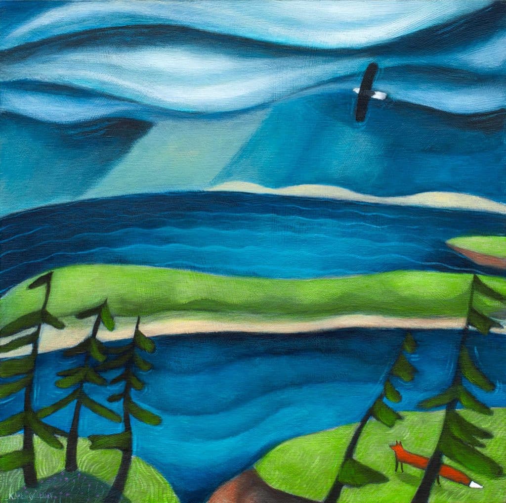 Prince Edward Island Landscape. Fox strolling along the cliffs, overlooking a bay, dunes and ocean. Eagle flying overhead.