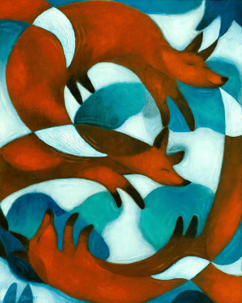 Foxes, Dreaming, Floating, playing. A blue and turquoise background