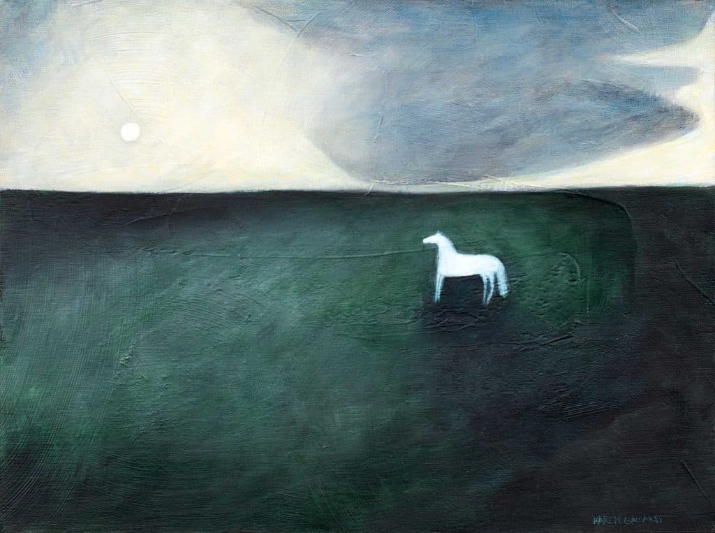 A white horse standing in a big jade green field under a pale sky. A sun or moon in the distance.