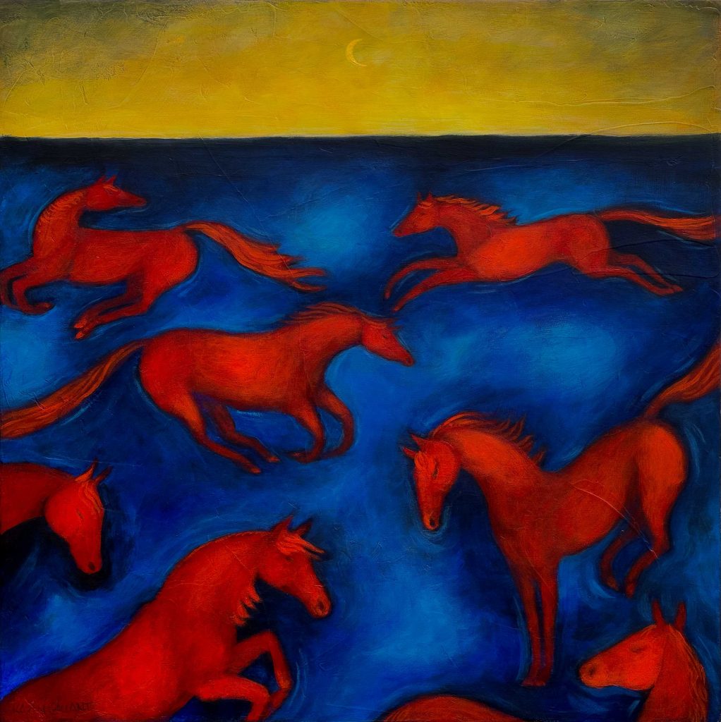 Red Horses running and playing under a golden crescent moon sky