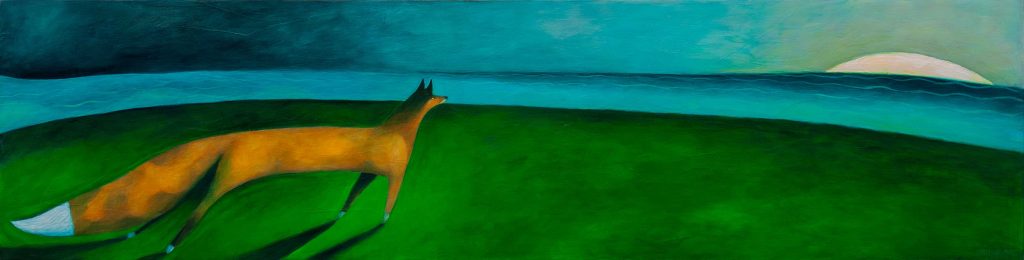 Fox gazing at the moon rising over the ocean.