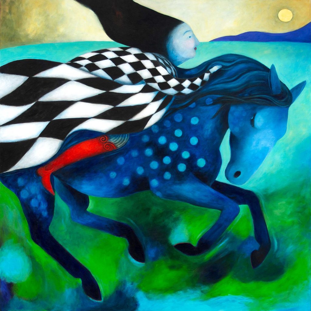 A person a big blue horse, galloping along an aqua ocean under a golden sky. Running free, feeling Resilient and hopeful