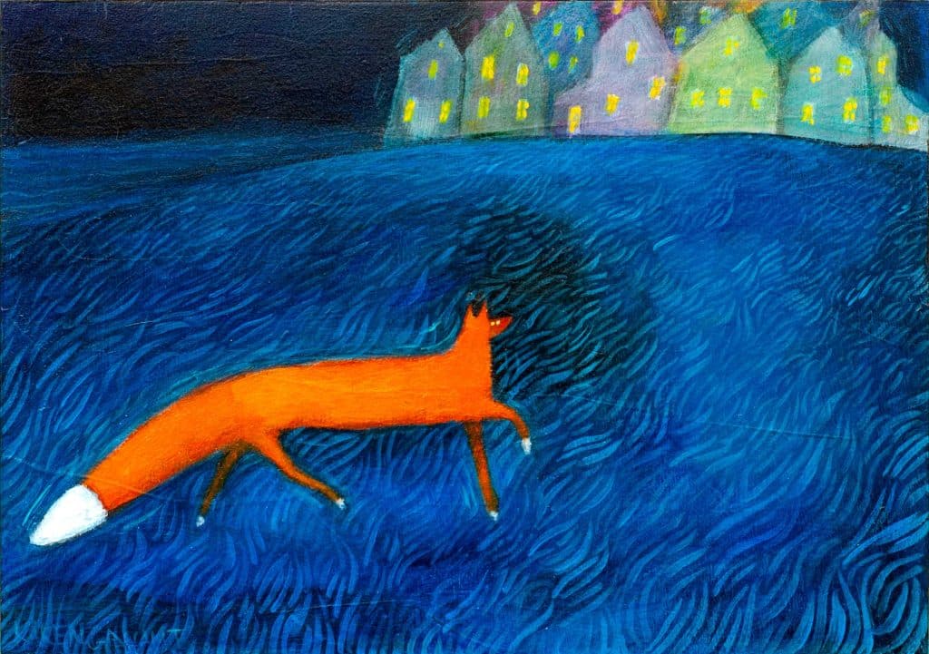 A Fox trotting along a blue moonlit field. Watching the village in the distance.