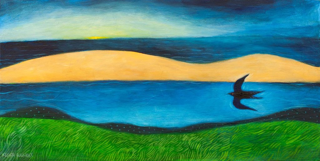 A single swallow drifts along the seaside at sunrise. Greens blues. and golden dune.