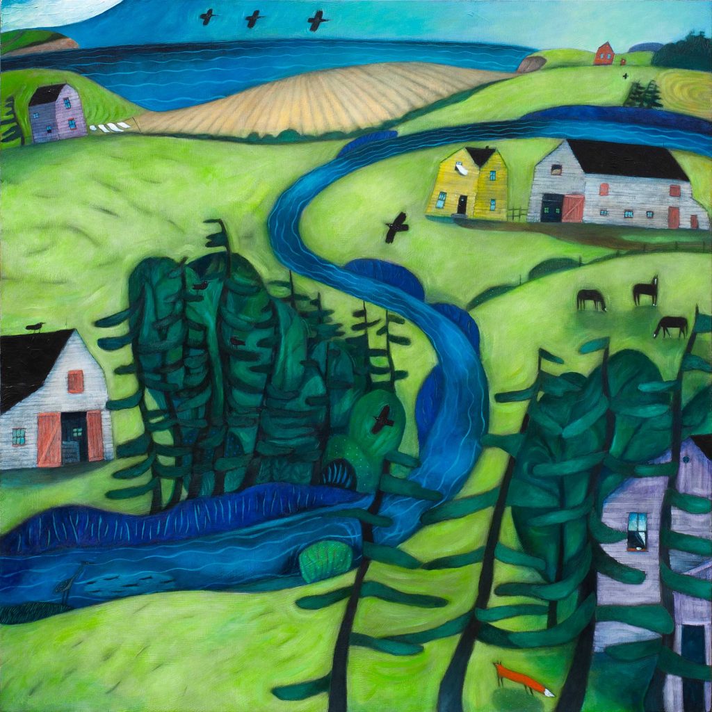Island Landscape. A brook twists through Farmers fields. Horses grazing near the farm. Windows and doors open to the breeze.