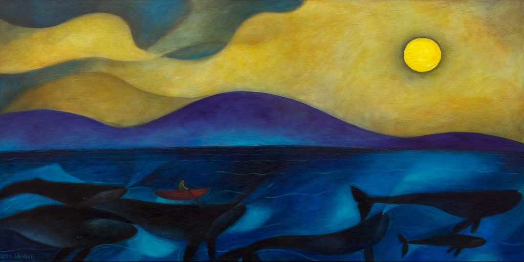 Whales and a boater under a golden sky.