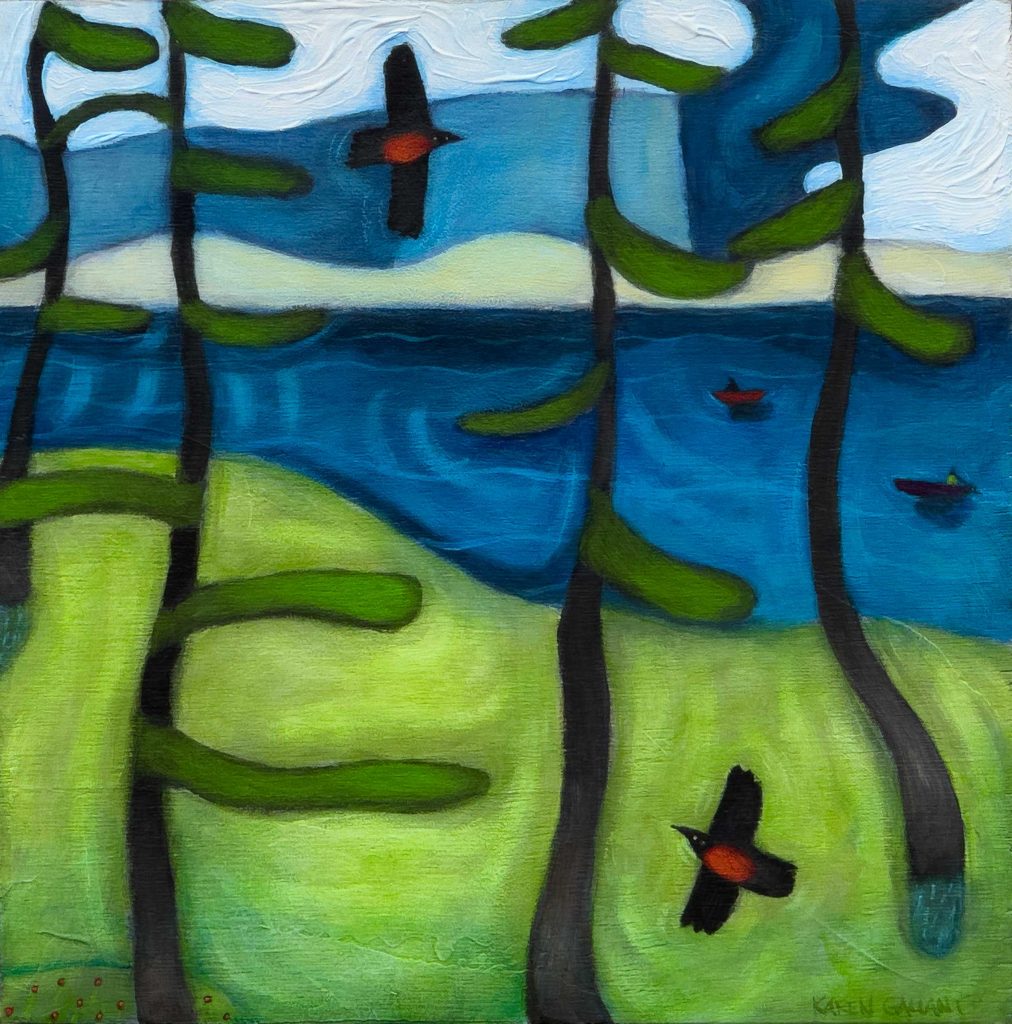 Two robin flying in the spruce near the ocean side.
