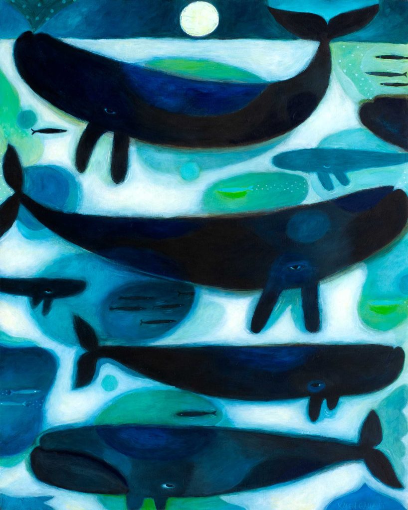 Whales and fishes traveling. Moonlight reflecting through the cool ocean waters revealing shadows of whites and blues and aquas