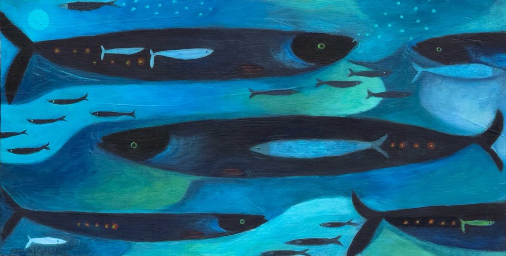 Expressive blues and aquas and stylized fish.