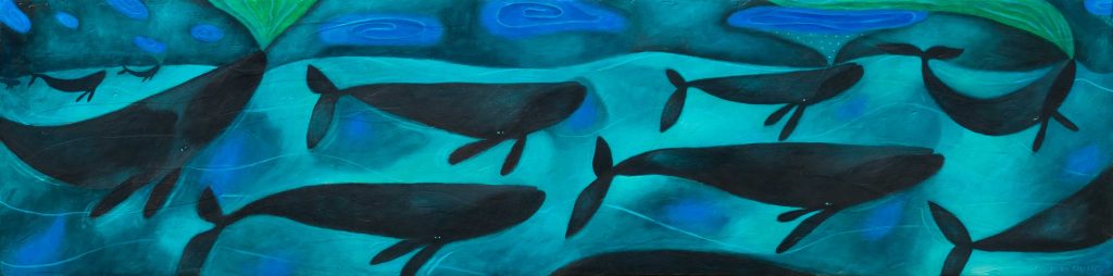 The oceans has a system. The whales are moving in sync, blowing water to the sky. Clouds filled with blue swirls.