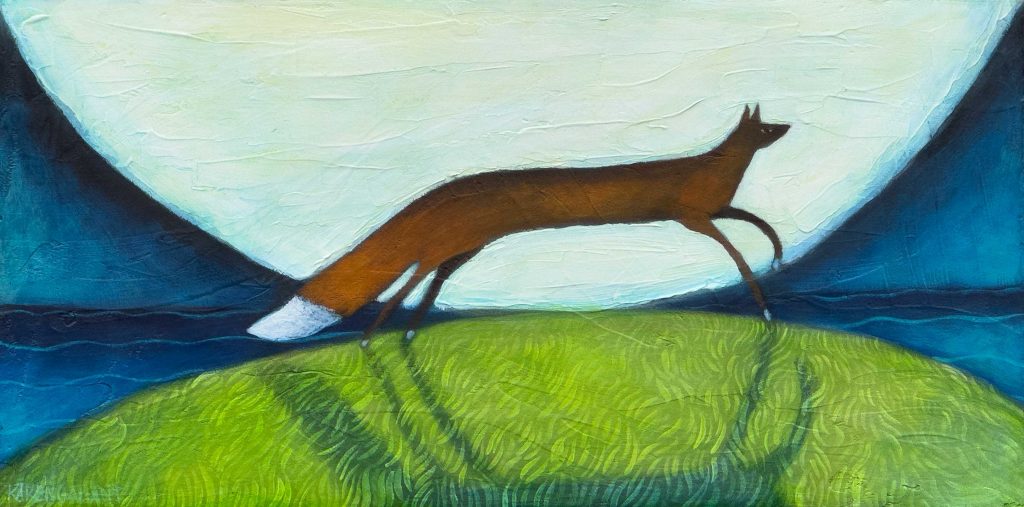 A fox silhouette in front of a big glowing moon.