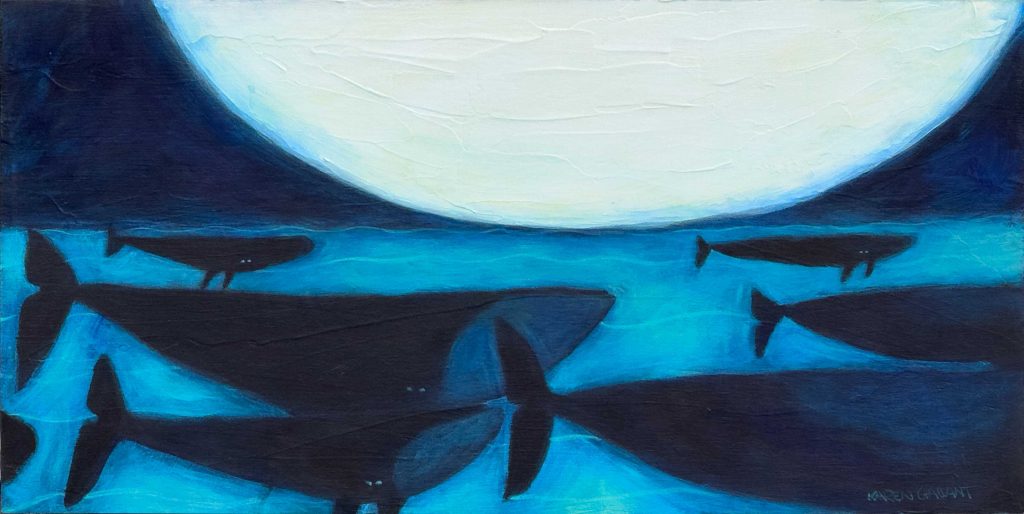 Whales passing by under a big rising moon.