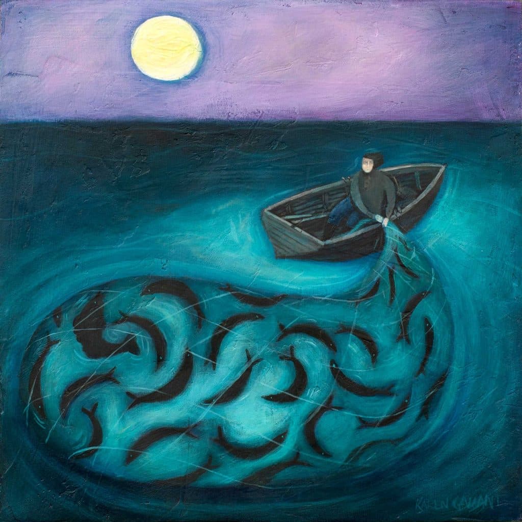 On a full moon, A fisher pulls in a big catch under a velvet sky.