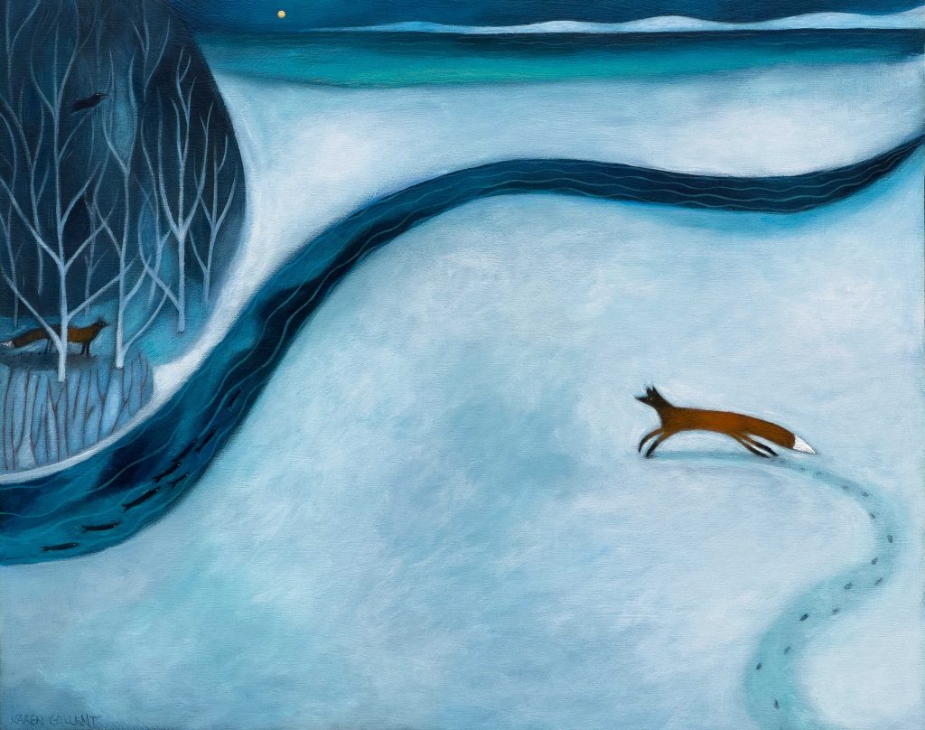 Fox in the winter snow running for shelter.