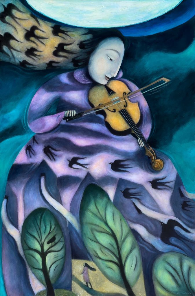 Women playing the violin under the moon while swallows fly.